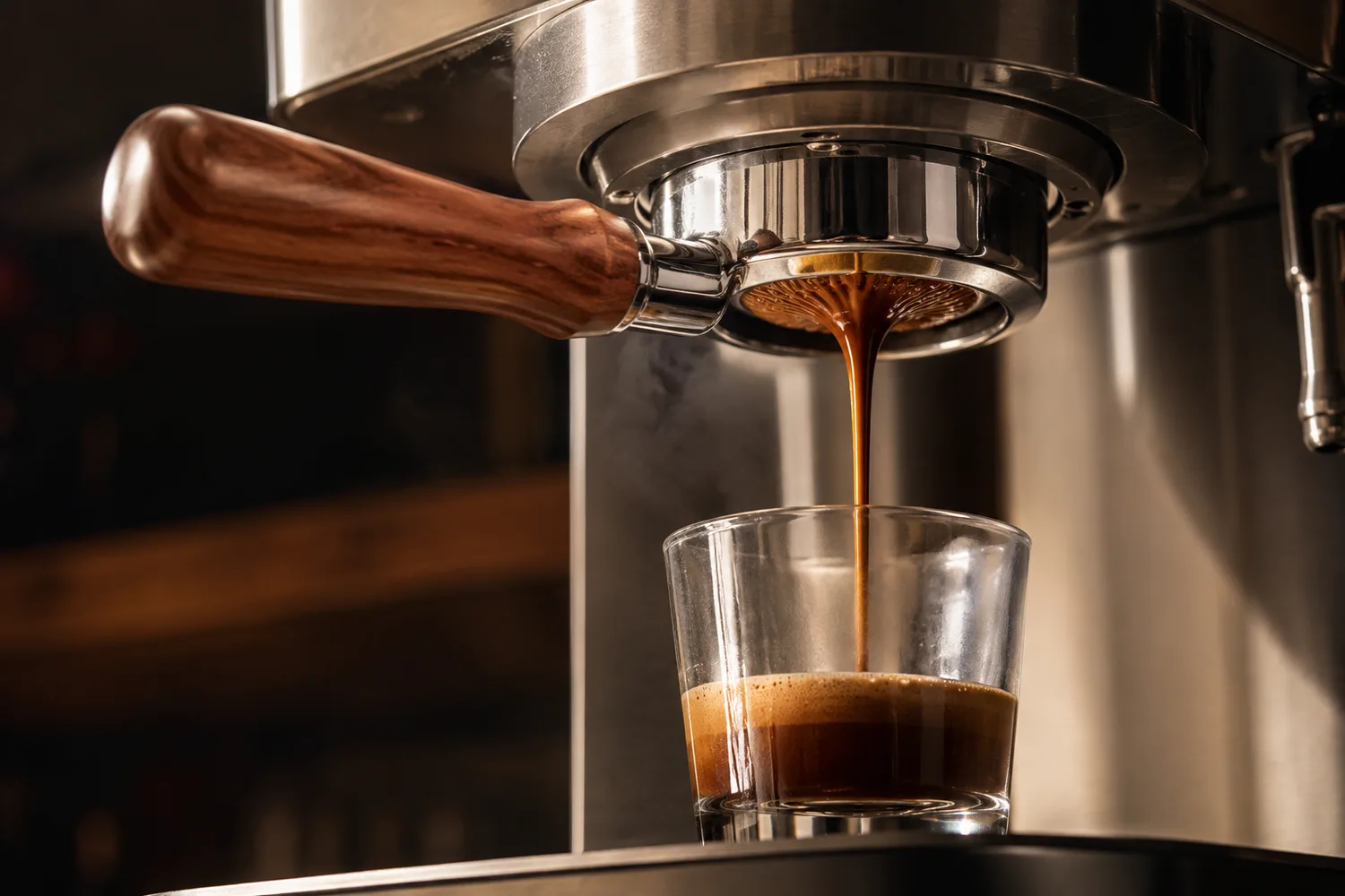 Espresso pulling through a Puckwell bottomless portafilter, the stream converging into a single rope under the basket